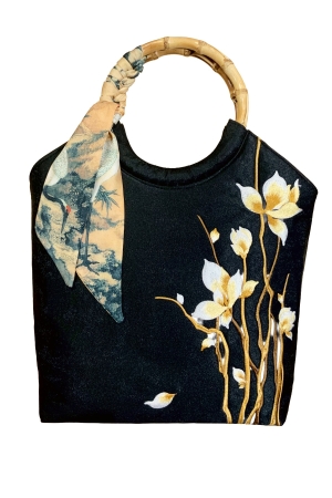 EMBROIDERED BAMBOO BAG MAGNOLIA NOIR