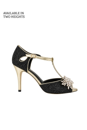 CLASSIC T-BAR FLORAL EMBELLISHMENT OPEN-TOE HEELS