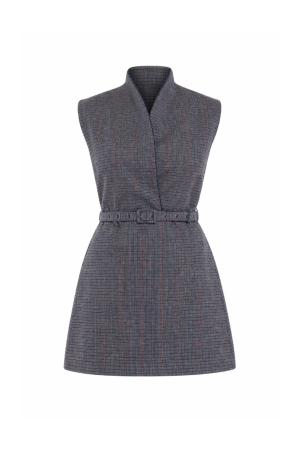 TWEED BELTED MINI DRESS - NAVY