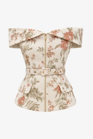 Audrey Off-Shoulder Jacquard Top - Cedar Rose