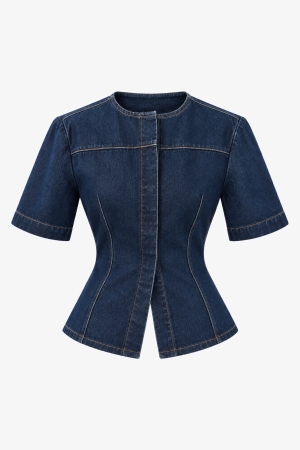Audrey Indigo Denim Collarless Top - Cedar Rose