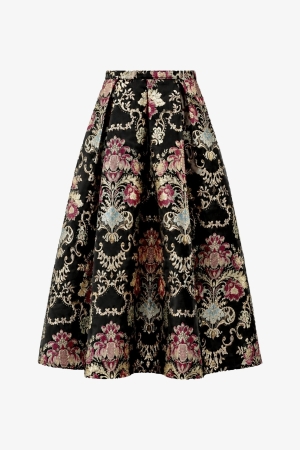 Classic Midi Skirt Audrey Black Damask - Cedar Rose