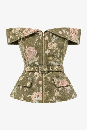 Audrey Off-Shoulder Belted Jacquard Top - Cedar Rose