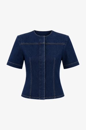Heritage Denim Collarless Shirt Top - Cedar Rose