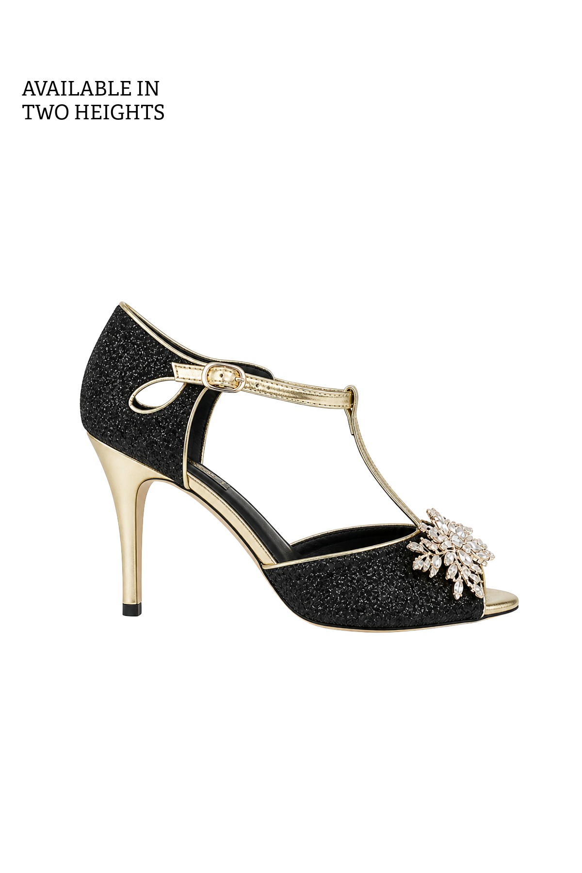 CLASSIC T-BAR FLORAL EMBELLISHMENT OPEN-TOE HEELS