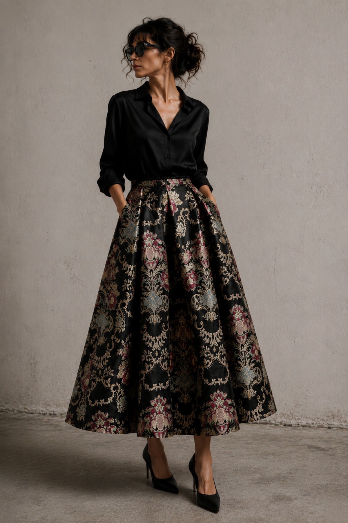 CLASSIC MIDI SKIRT AUDREY BLACK DAMASK 