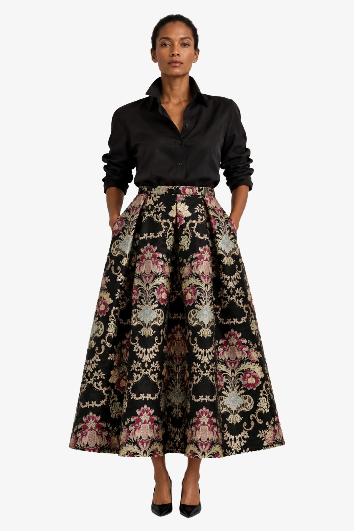 CLASSIC MIDI SKIRT AUDREY BLACK DAMASK 