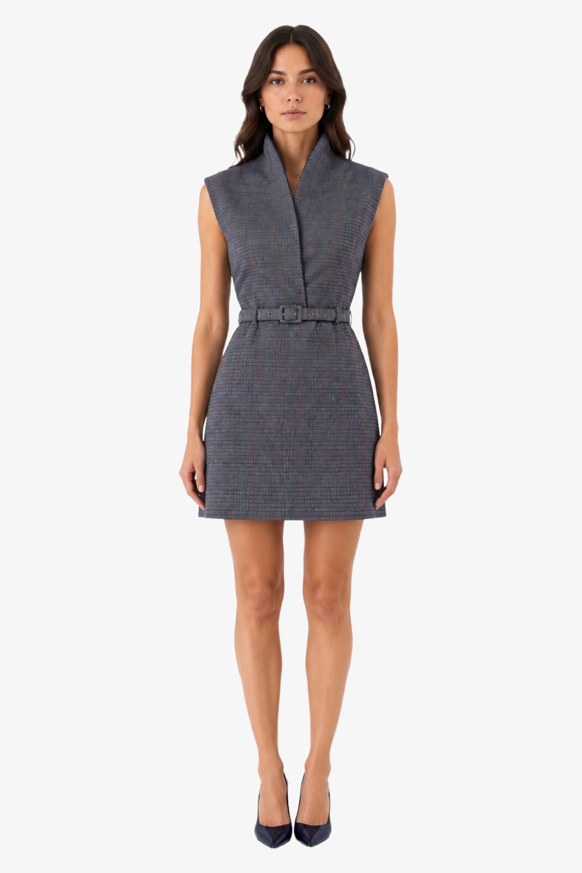 TWEED BELTED MINI DRESS - NAVY
