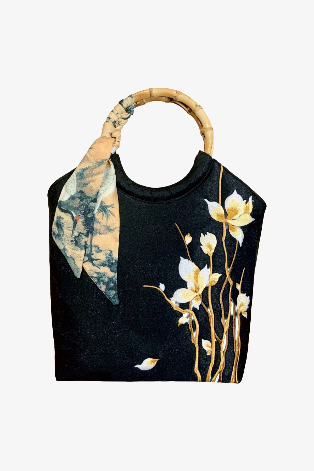 EMBROIDERED BAMBOO BAG MAGNOLIA NOIR