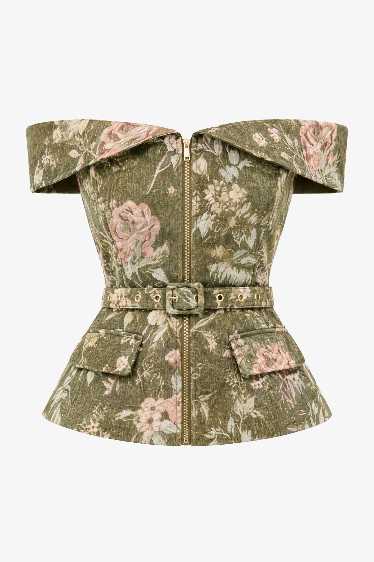 Audrey Off-Shoulder Belted Jacquard Top - Cedar Rose